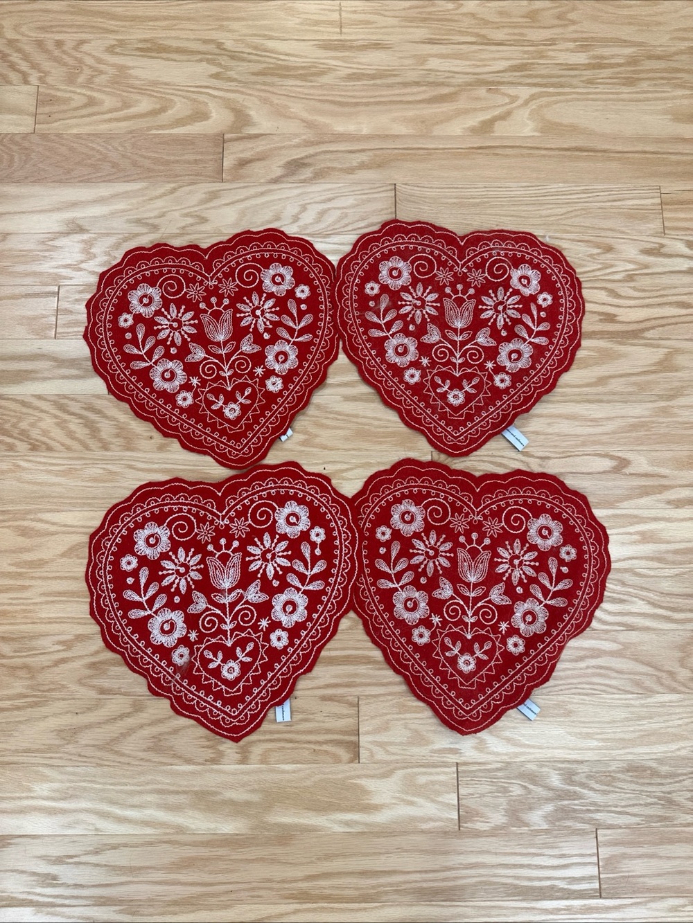 Red Heart-Shaped Embroidered Felt Coasters (Set of 4)